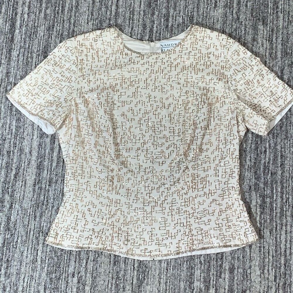 Nahdree Blacktie Womens‎ Size 8P 100% Silk Embellished Top Cream Short Sleeve